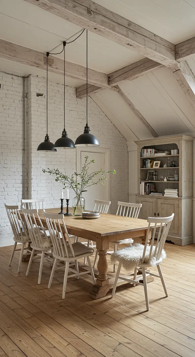 Large rustic oak dining table with white chairs, one with a sheepskin throw, set against a white brick wall and exposed beams.