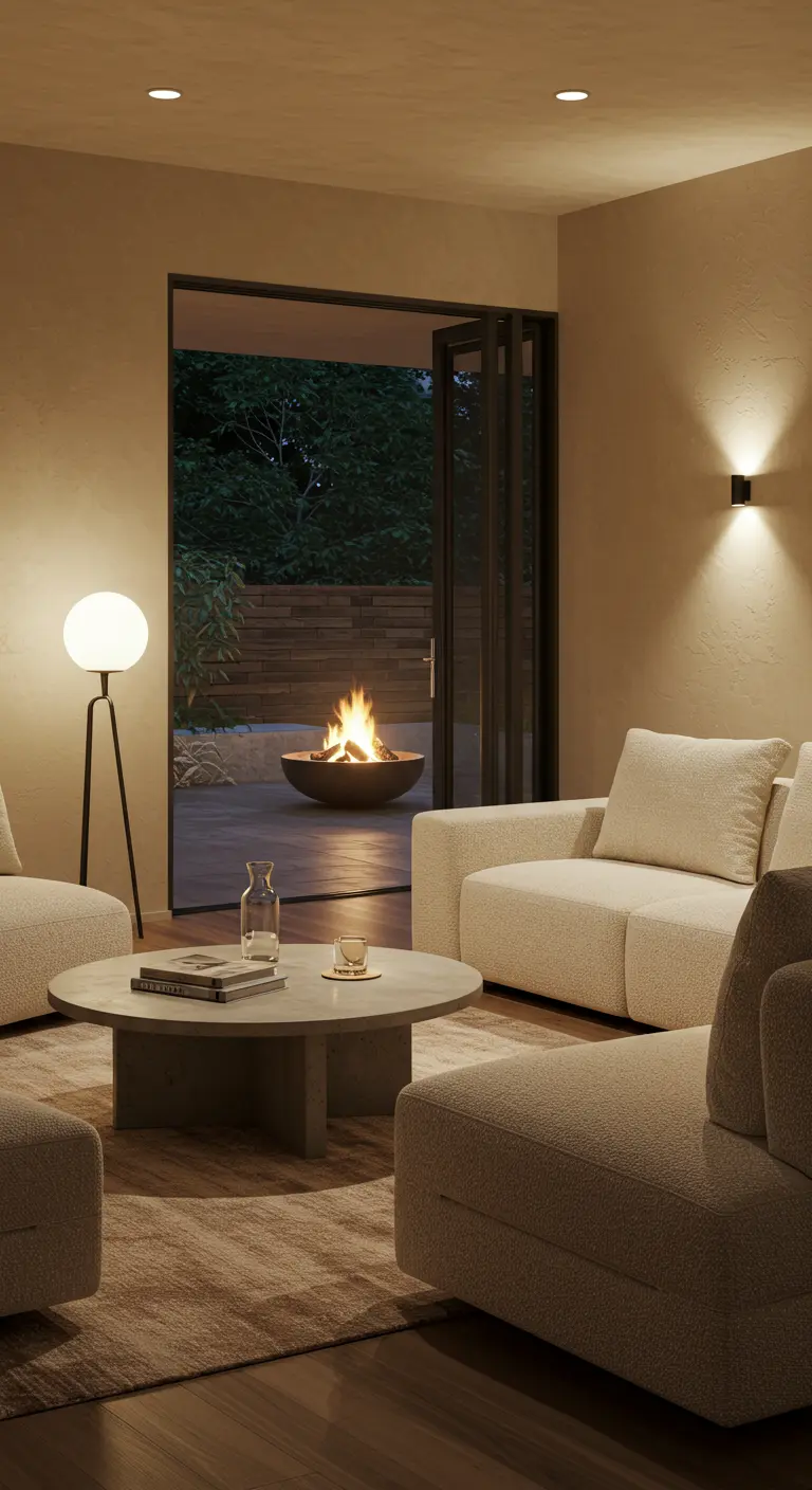 A cozy living room with bi-fold doors opening to a patio with a fire pit at night.