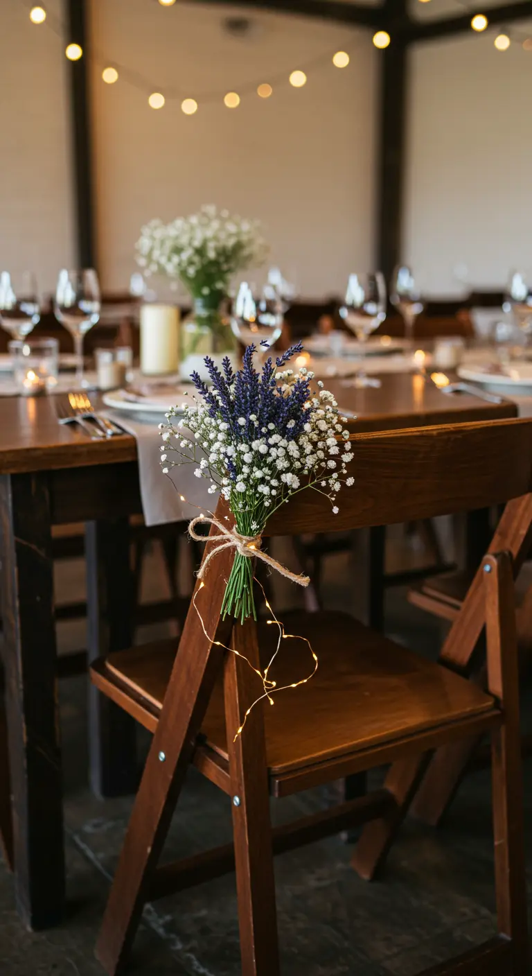 Wooden chair decorated with a bouquet of lavender and fairy lights.