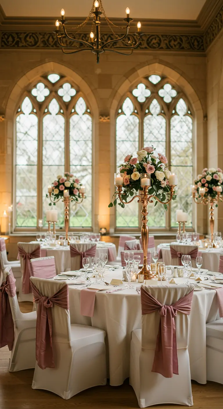 Wedding reception with round tables, blush pink chair sashes, and rose gold candelabras with flowers.