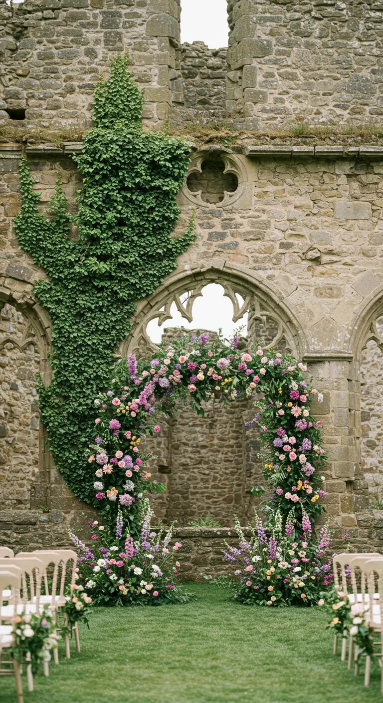 Floral arch of pink and purple flowers set inside ancient stone ruins.