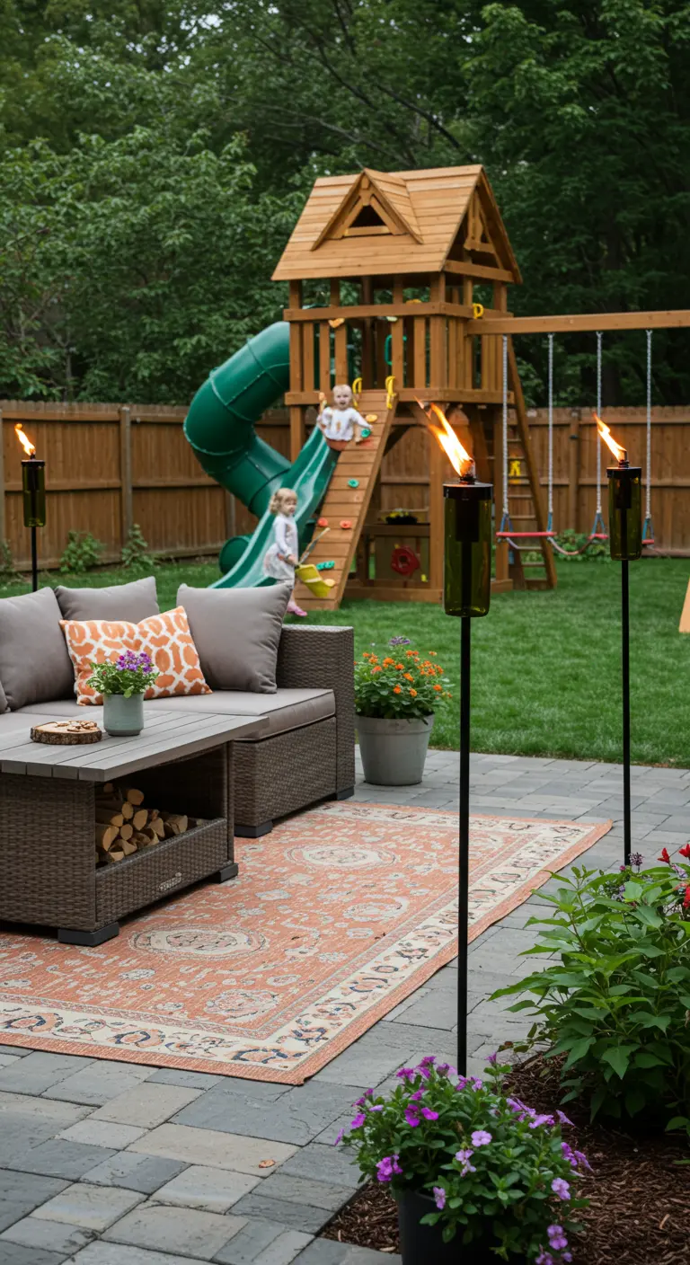 A family patio with a play structure in the background and tiki torches framing the seating area.
