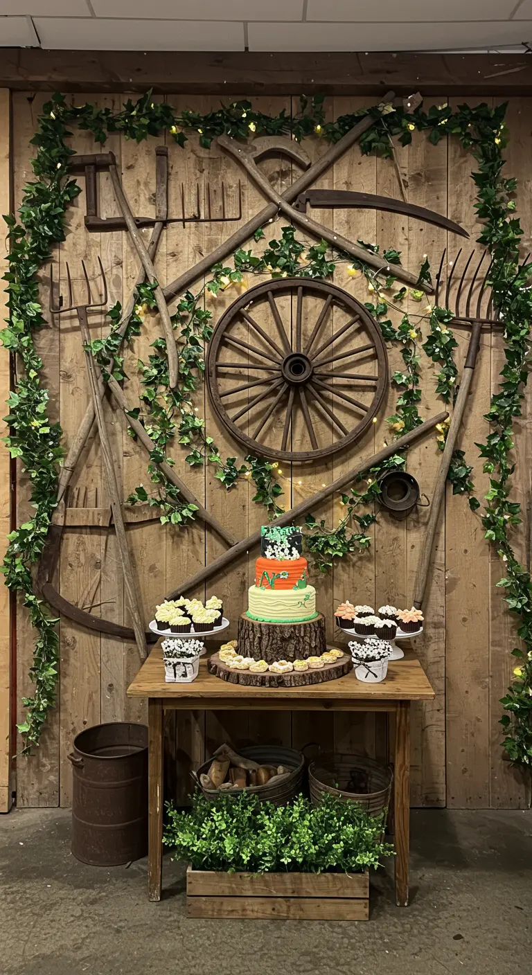 A rustic wall decorated with antique farm tools and ivy, serving as a dessert table backdrop.
