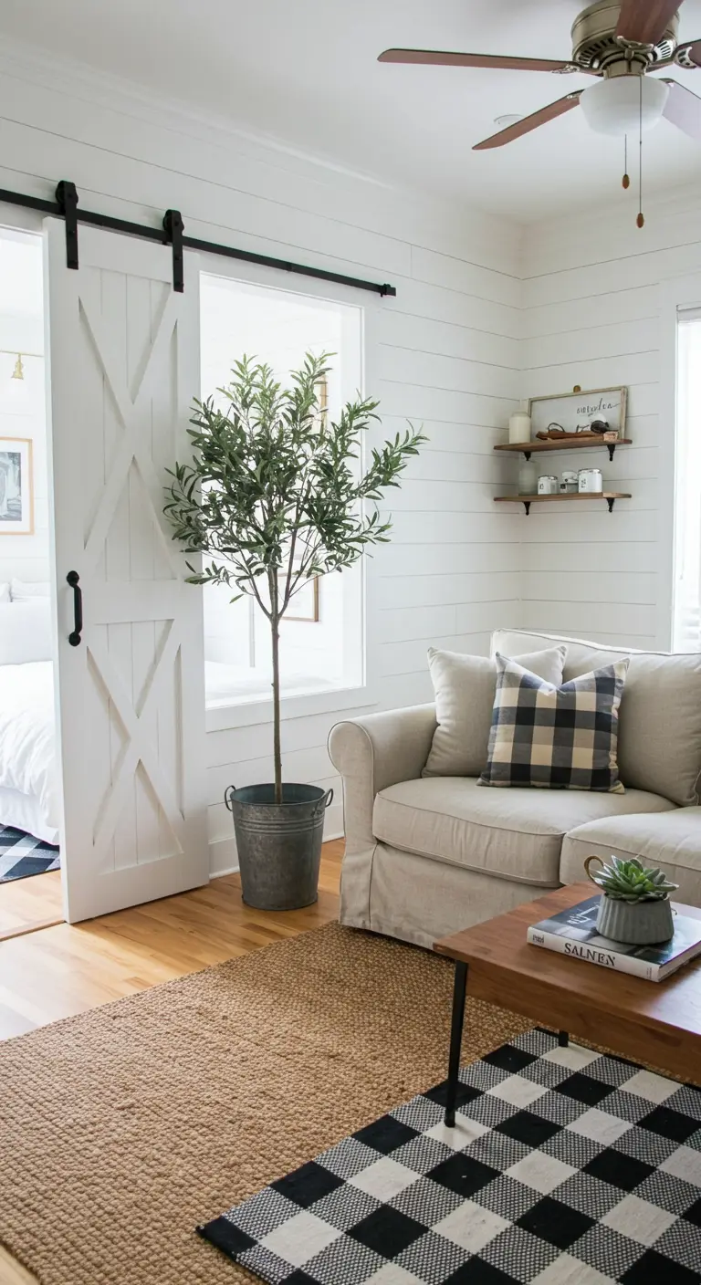 Modern farmhouse living room with a white barn door, shiplap walls, and layered rugs.
