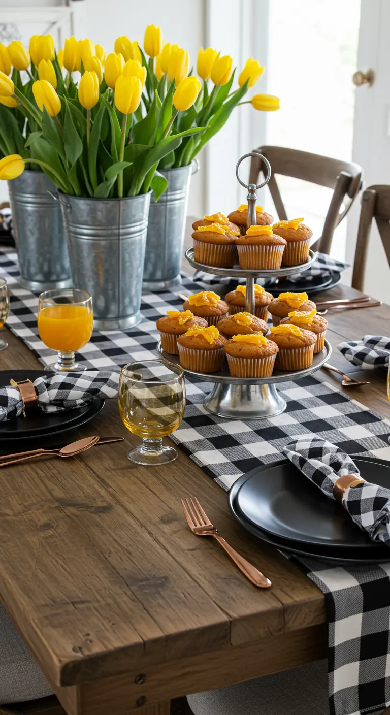 Farmhouse table with a buffalo check runner, tulips in metal buckets, and orange muffins.