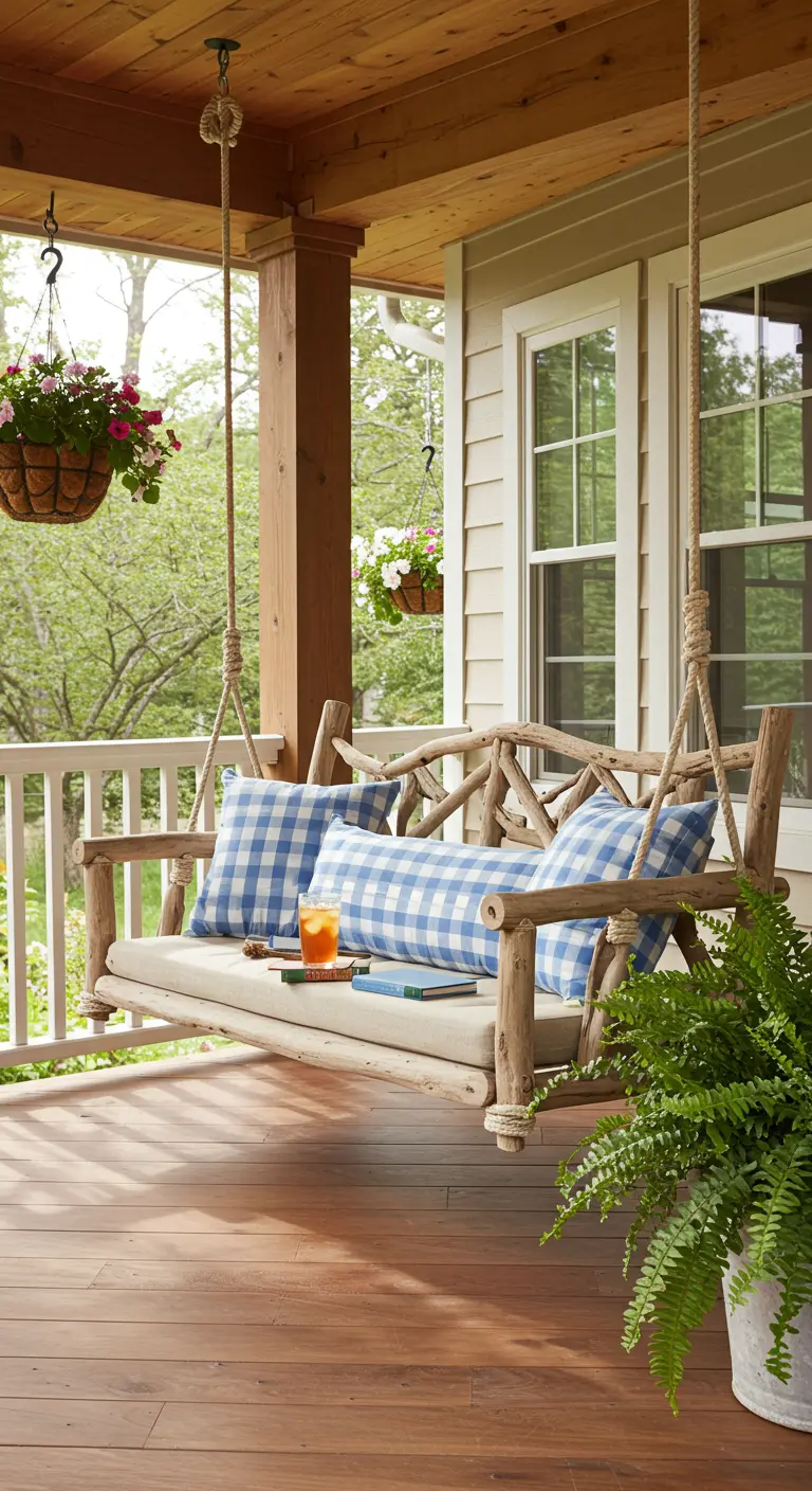 Wooden swing bench with blue plaid cushions on a farmhouse porch with hanging plants.