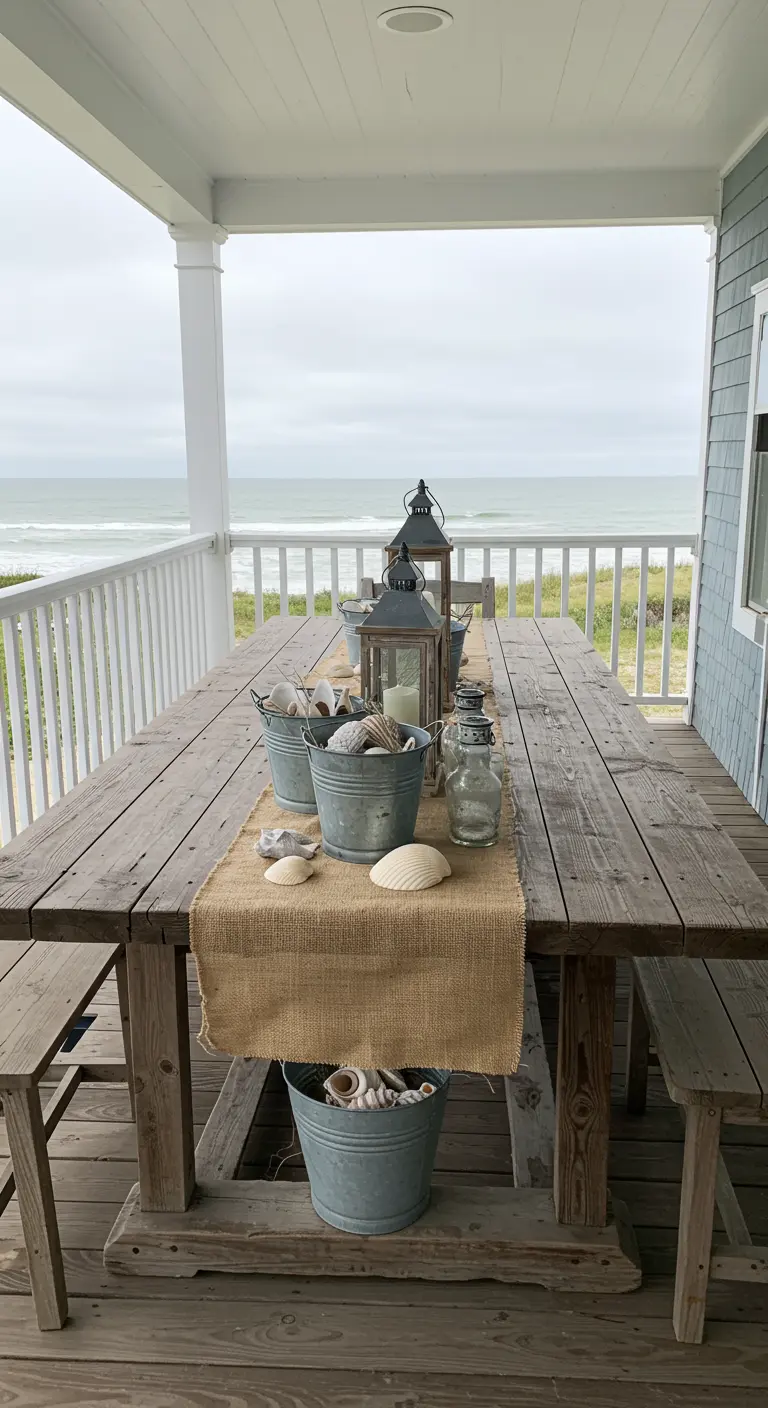 Rustic wood table on a porch with shell-filled galvanized buckets and weathered lanterns.