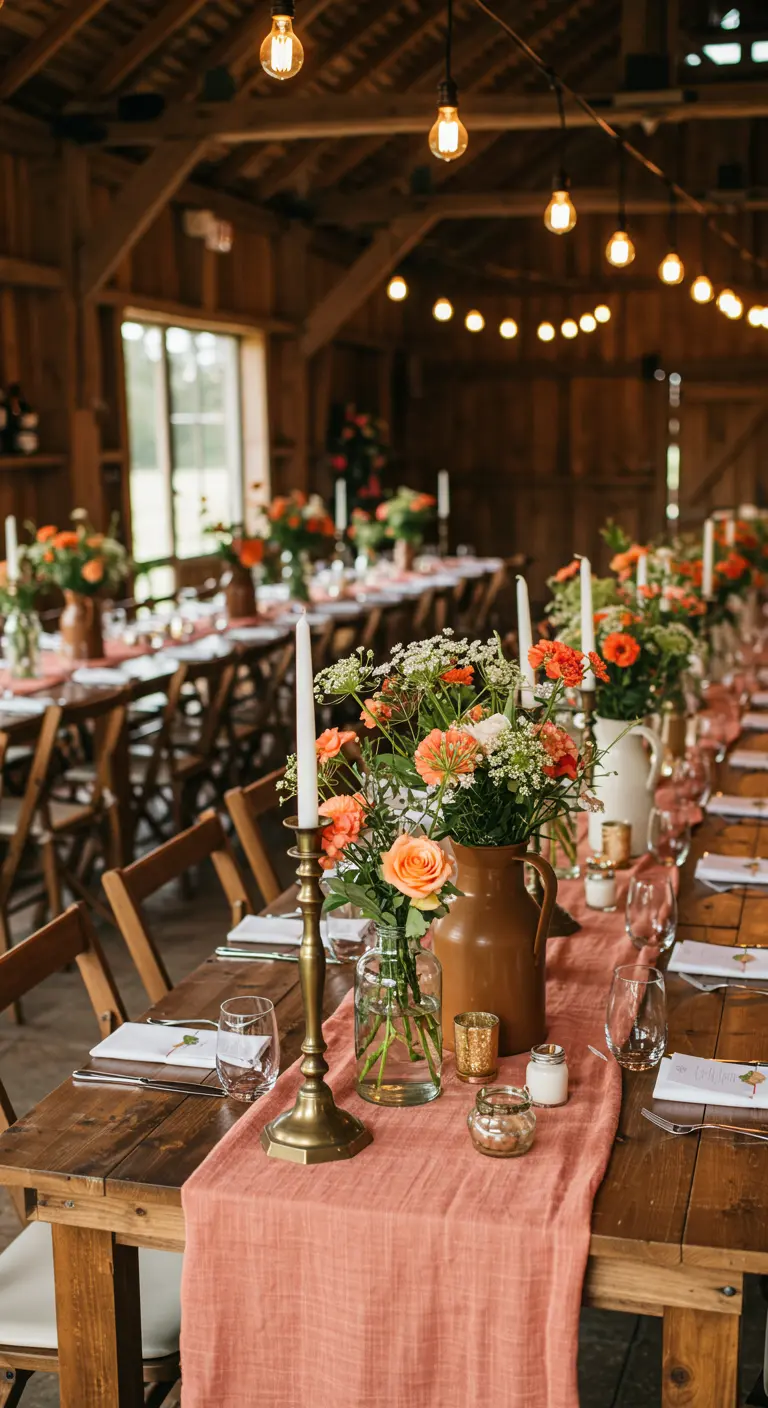 Rustic barn wedding table with coral flowers in jugs and brass candlesticks.