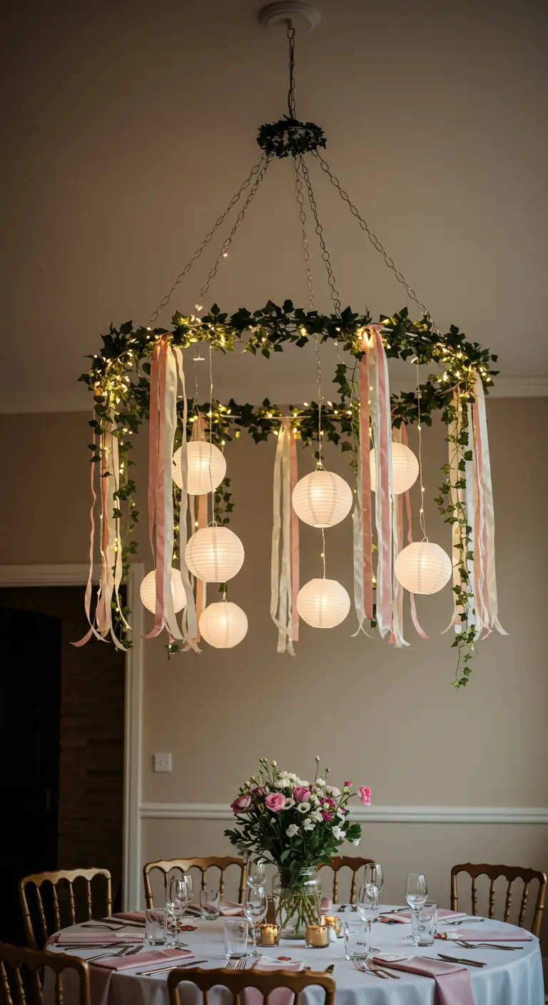 A DIY chandelier made from a hoop, greenery, ribbons, and small paper lanterns.