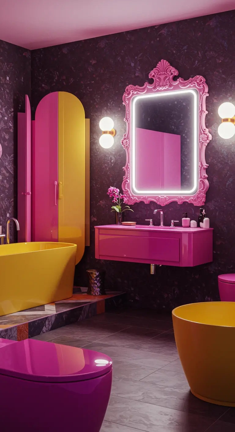 Maximalist bathroom with bright pink and yellow fixtures.