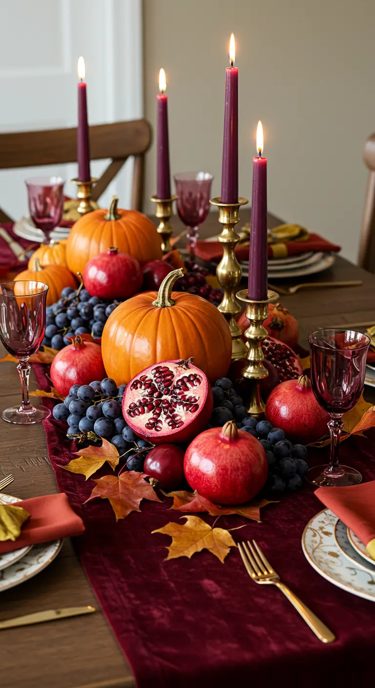 Tablescape with a burgundy velvet runner, pumpkins, pomegranates, and grapes.