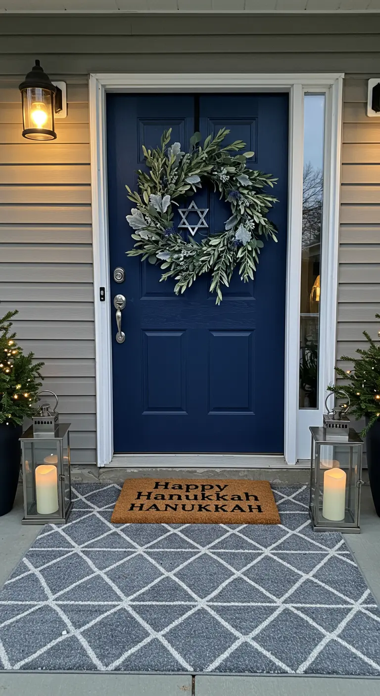 Blue door with a silver foliage wreath, Star of David, and lanterns for Hanukkah.