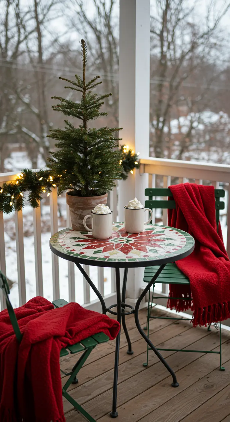 Mosaic bistro table with a poinsettia design on a snowy balcony with red throws.