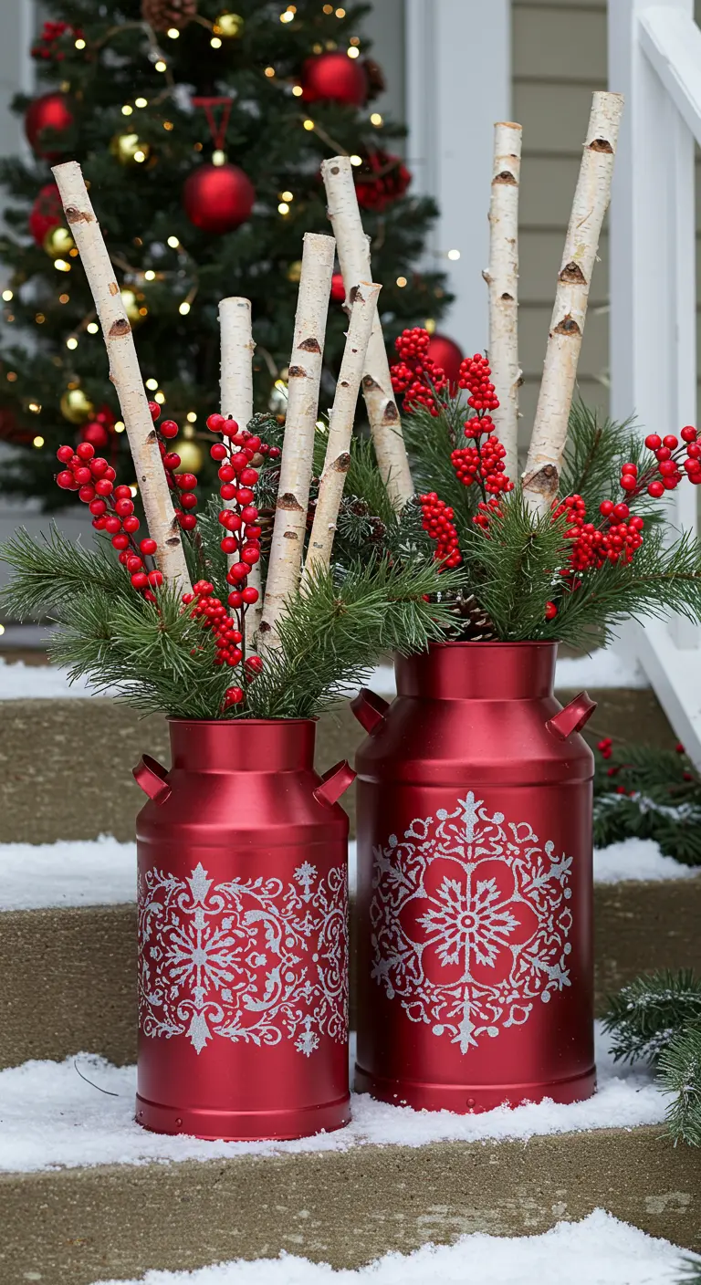 Two red milk cans with silver snowflake stencils filled with birch logs, evergreens, and red berries.