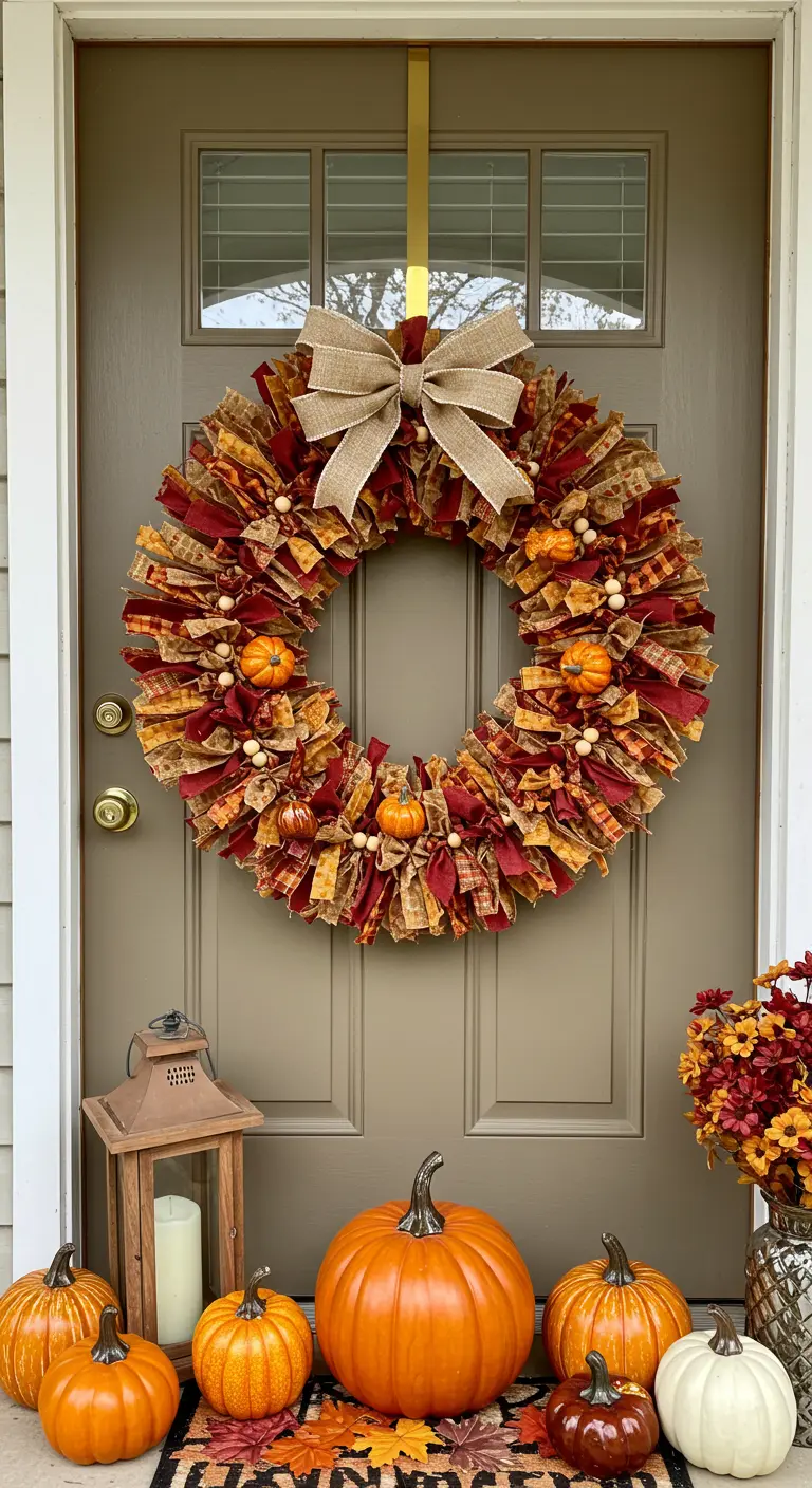 A fall wreath on a door made of red, gold, and burlap fabric strips with a big bow.