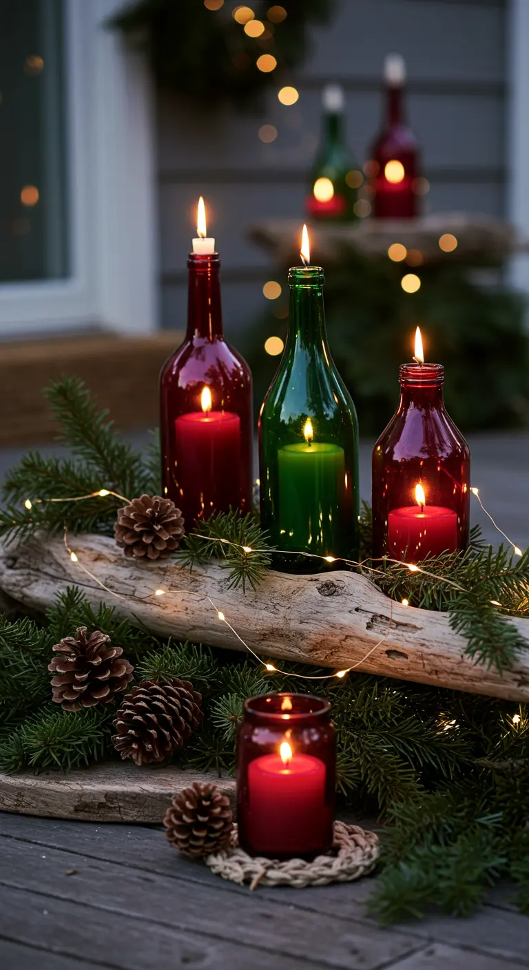 Festive driftwood centerpiece with red and green bottle candles, pine branches, and fairy lights.