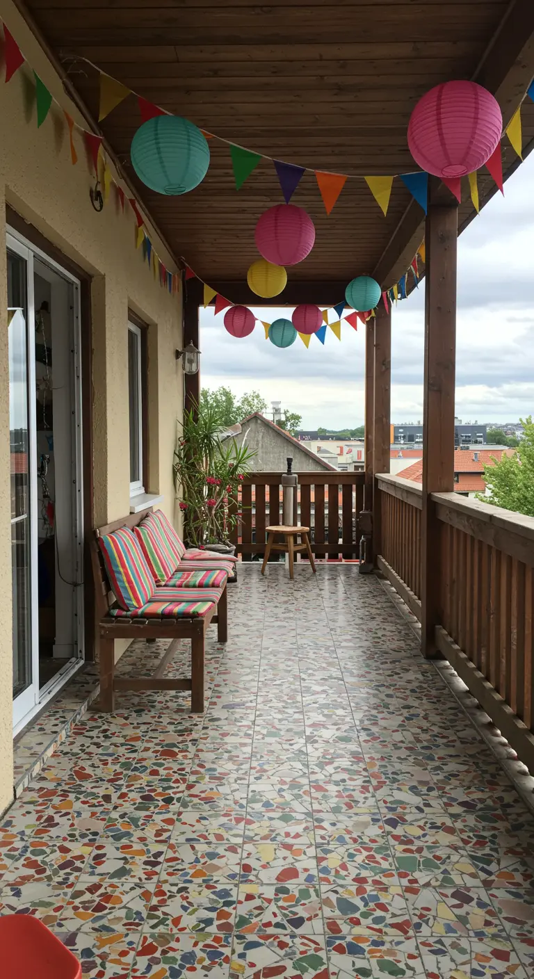 A party-ready balcony with colorful terrazzo flooring, paper lanterns, and a bench with striped cushions.
