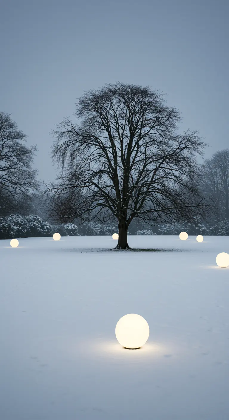 A wide, snowy field with a large bare tree and several glowing orbs scattered far apart.