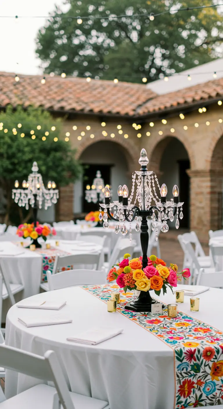 A festive table with a colorful embroidered runner and a black candelabra with bright roses.