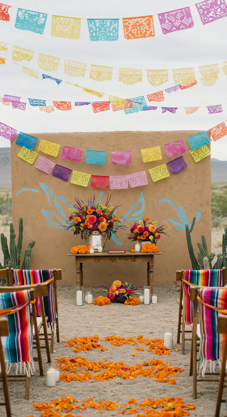A wedding altar decorated with colorful papel picado banners and marigolds.