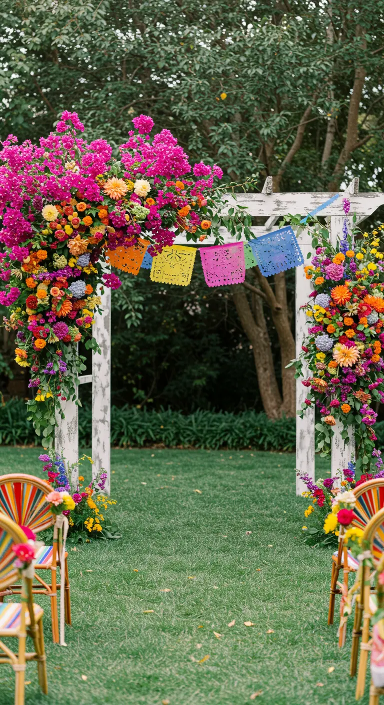 A white wedding arch covered in vibrant, colorful flowers and papel picado banners.