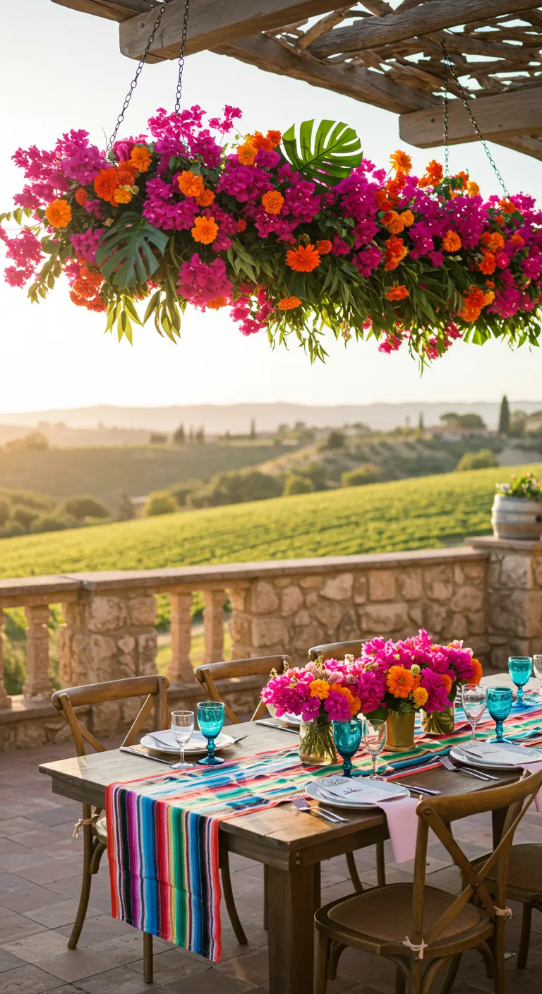 A vibrant chandelier of pink bougainvillea and orange flowers over a table with a colorful runner.