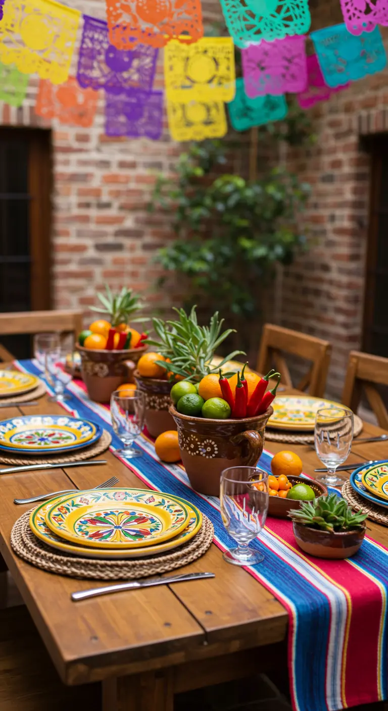 A festive tablescape with terracotta pots holding citrus and succulents and papel picado overhead.