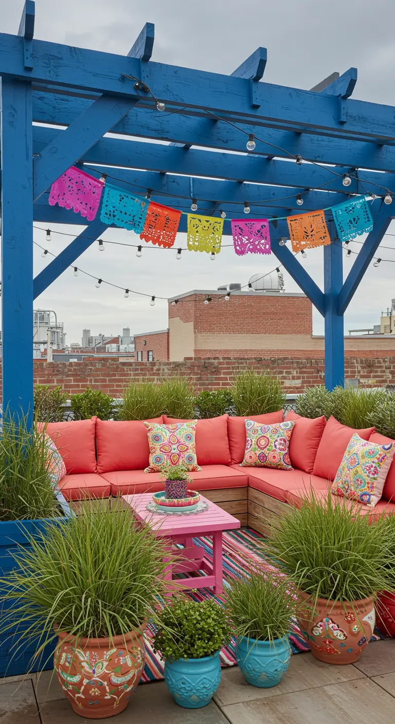 A colorful rooftop with a bright blue pergola, a coral sofa with patterned pillows, and colorful banners.