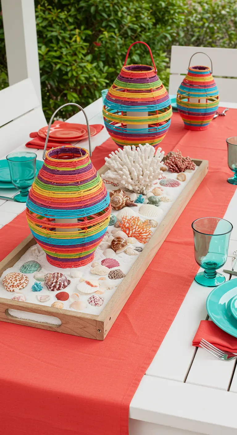 Bright tablescape with colorful woven lanterns and a tray of sand with shells and coral.
