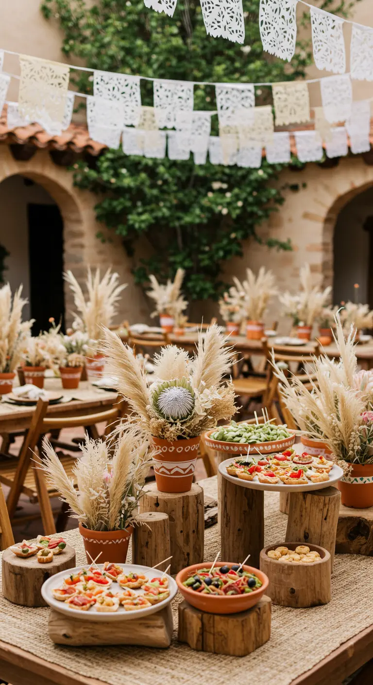 A festive tablescape with appetizers and florals on wood rounds and pampas grass in terracotta pots.