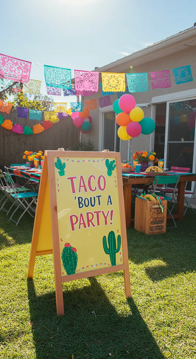 A bright yellow A-frame sign that says 'Taco 'Bout a Party!' for a fiesta.