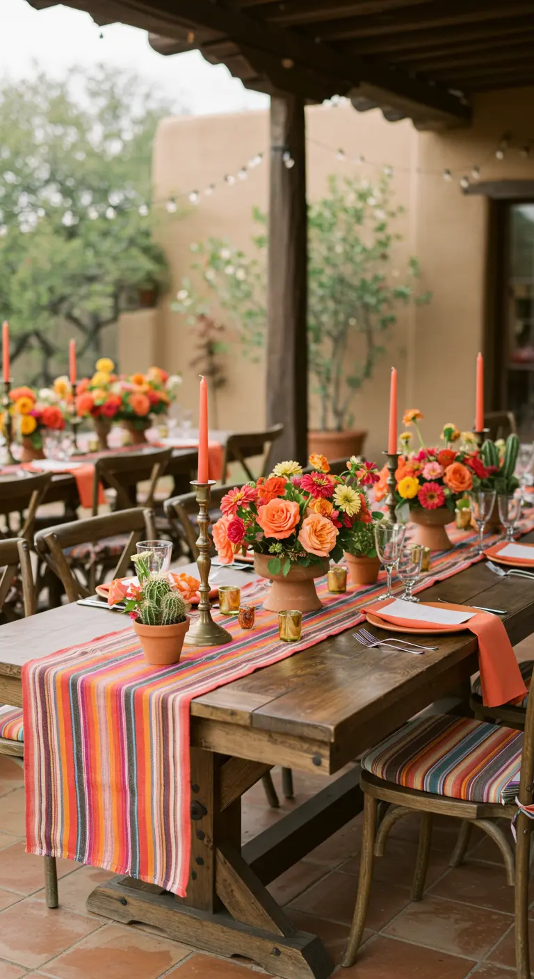 Festive hacienda wedding table with a colorful striped runner and terracotta pots.