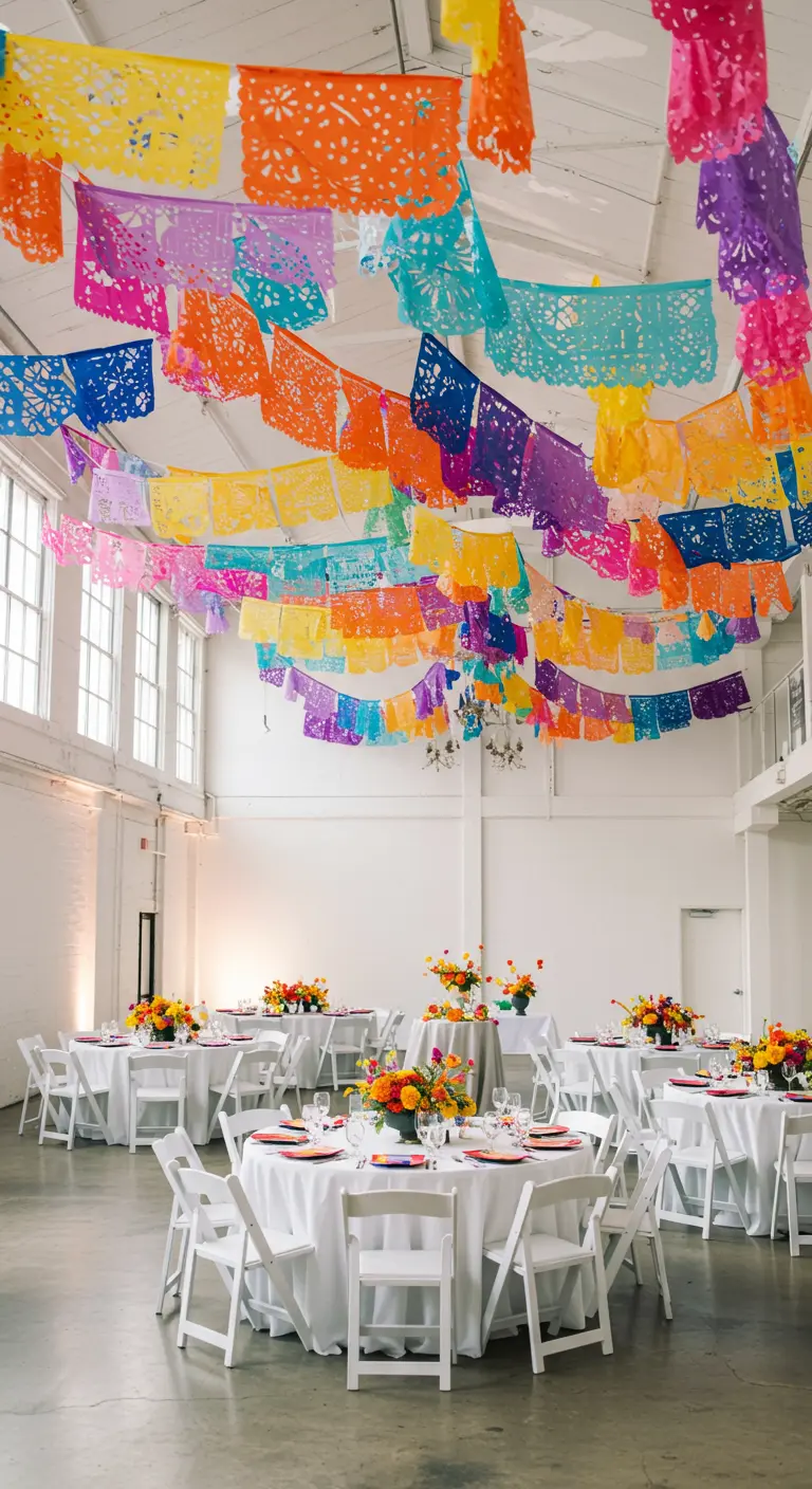 A large white event hall with a ceiling covered in colorful, layered papel picado banners.