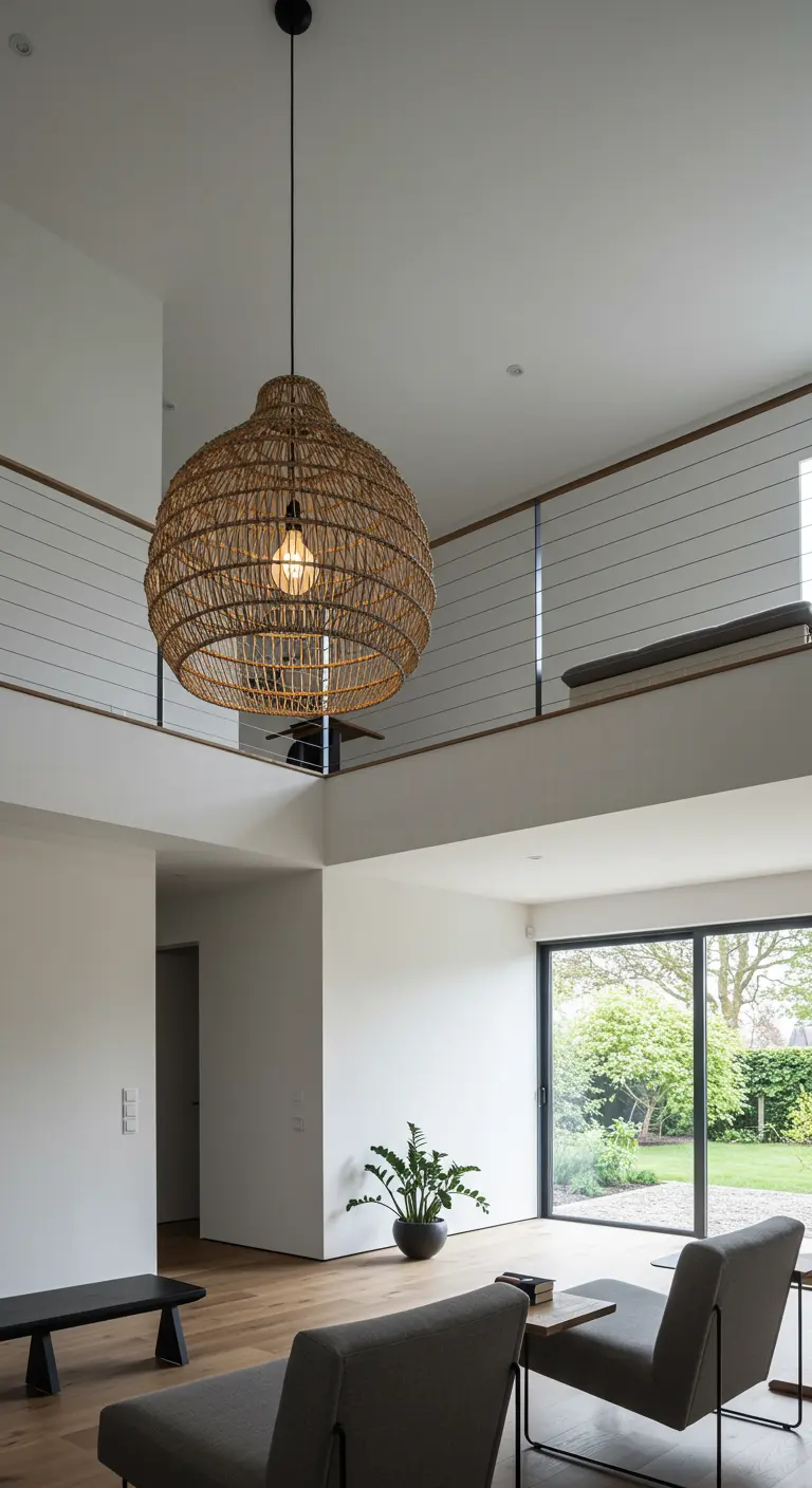 A large, woven rattan pendant light hangs in a double-height living room with a mezzanine.