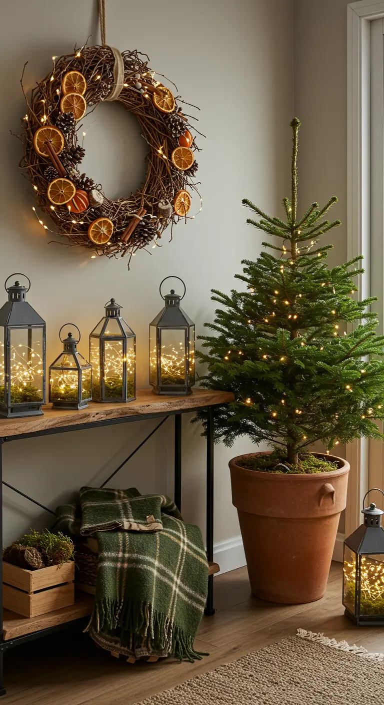 Rustic entryway with a grapevine wreath, lanterns filled with lights, and a potted Christmas tree.