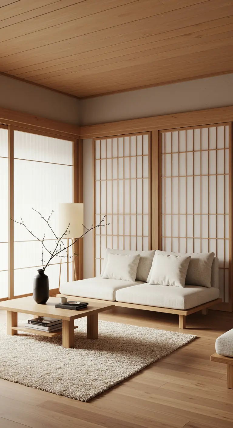 Serene Japanese-style room with shoji screens, a low wooden sofa, and natural light.