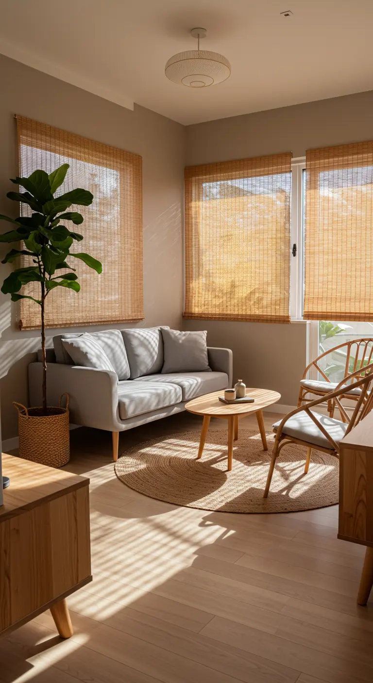 Sunlit living room with woven bamboo blinds on windows, casting linear shadows.