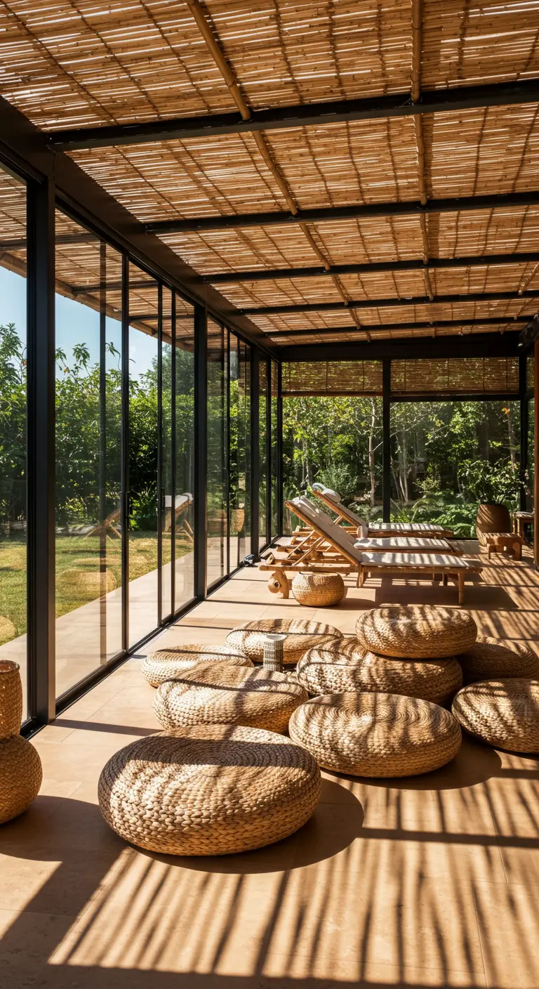 A sunroom with a bamboo-slatted ceiling and numerous woven floor cushions.