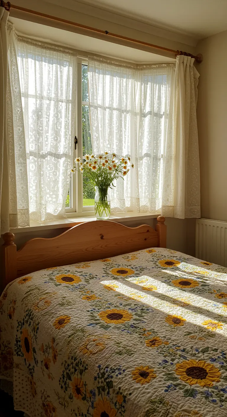 Sunny bedroom with a sunflower quilt and light filtering through lace curtains.