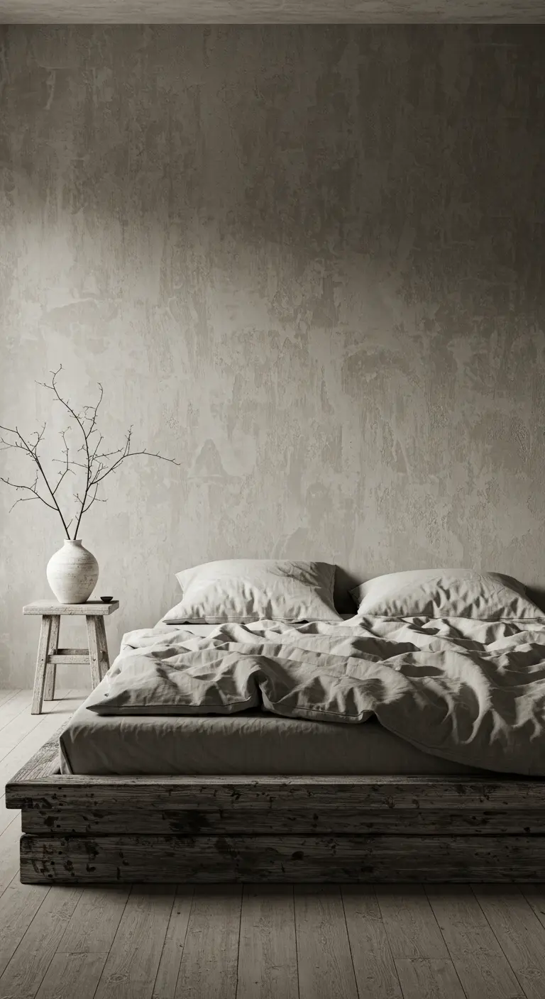 Minimalist bedroom with textured plaster walls and a rustic wood bed.