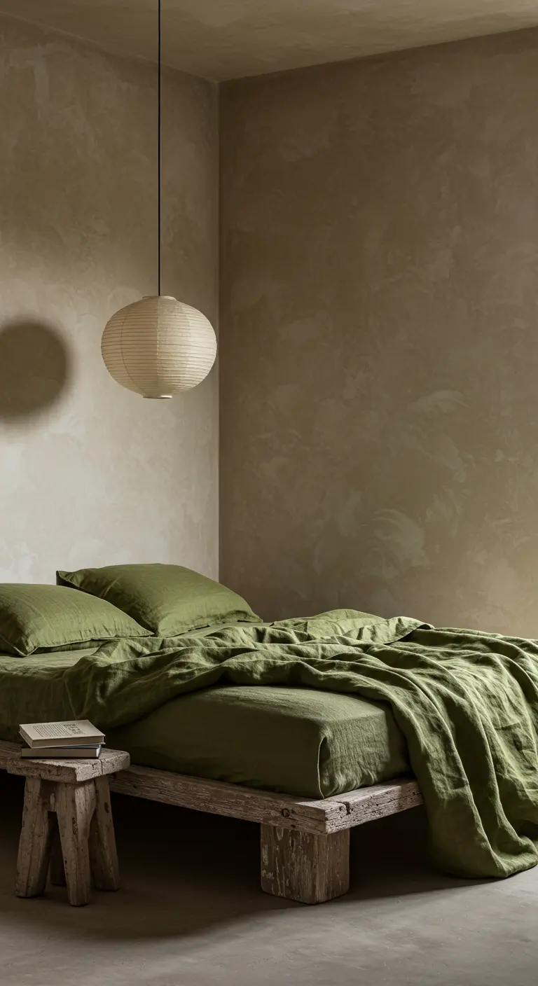 Bedroom with textured plaster walls, olive green linen bedding, and a paper lantern.