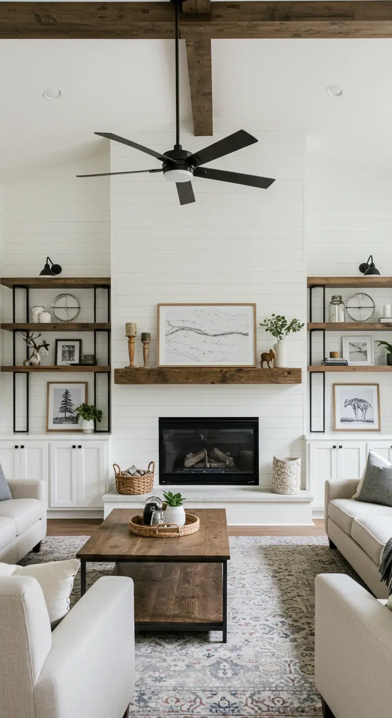 Living room with a fireplace flanked by symmetrical built-in shelves and cabinets.