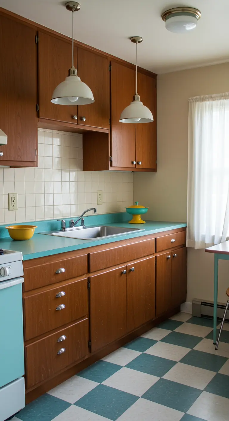 Vintage kitchen with teak cabinets, turquoise counters, and checkered flooring.