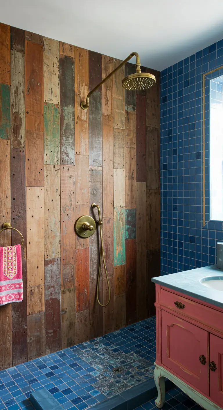 Shower with a reclaimed wood wall showing flecks of old paint, next to blue tile.