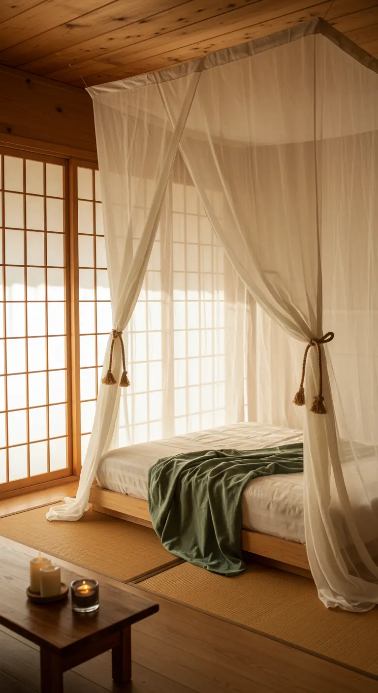 Japanese-inspired bedroom with a low bed, sheer canopy, and shoji screens.