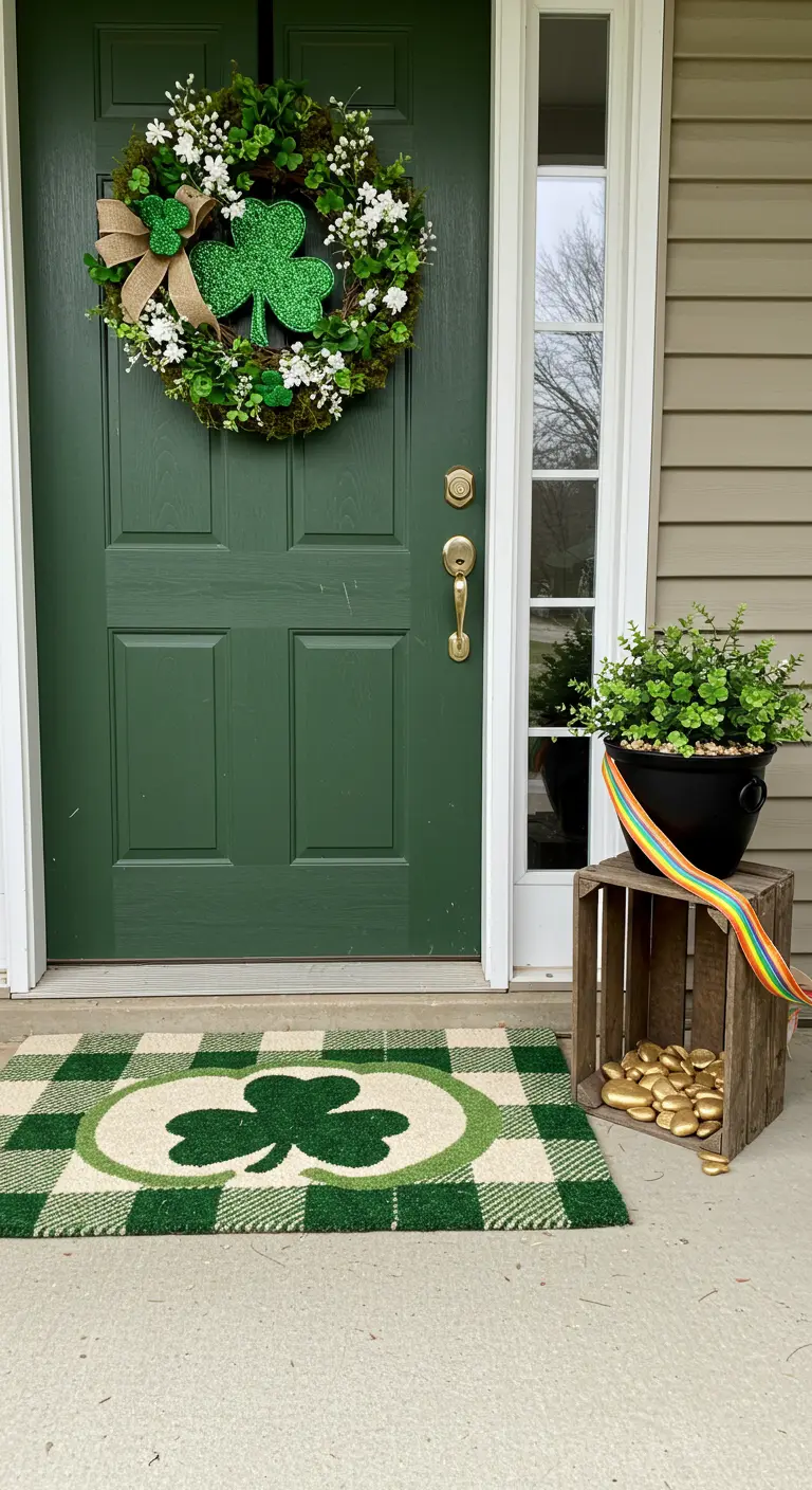 Green door with a shamrock wreath and a pot of gold St. Patrick's Day theme.