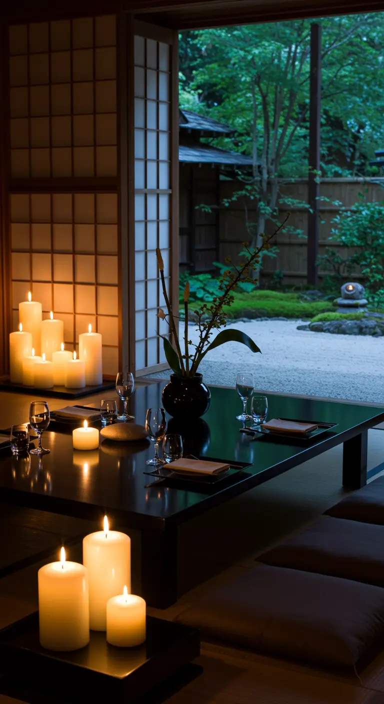A minimalist black table with pillar candles overlooking a serene Japanese garden.
