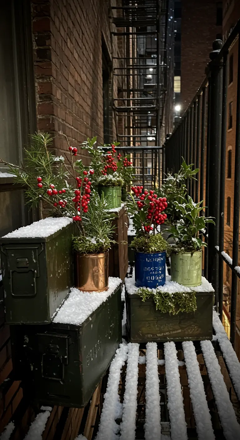 An assortment of small pots with winter plants arranged on old ammunition boxes on a fire escape.