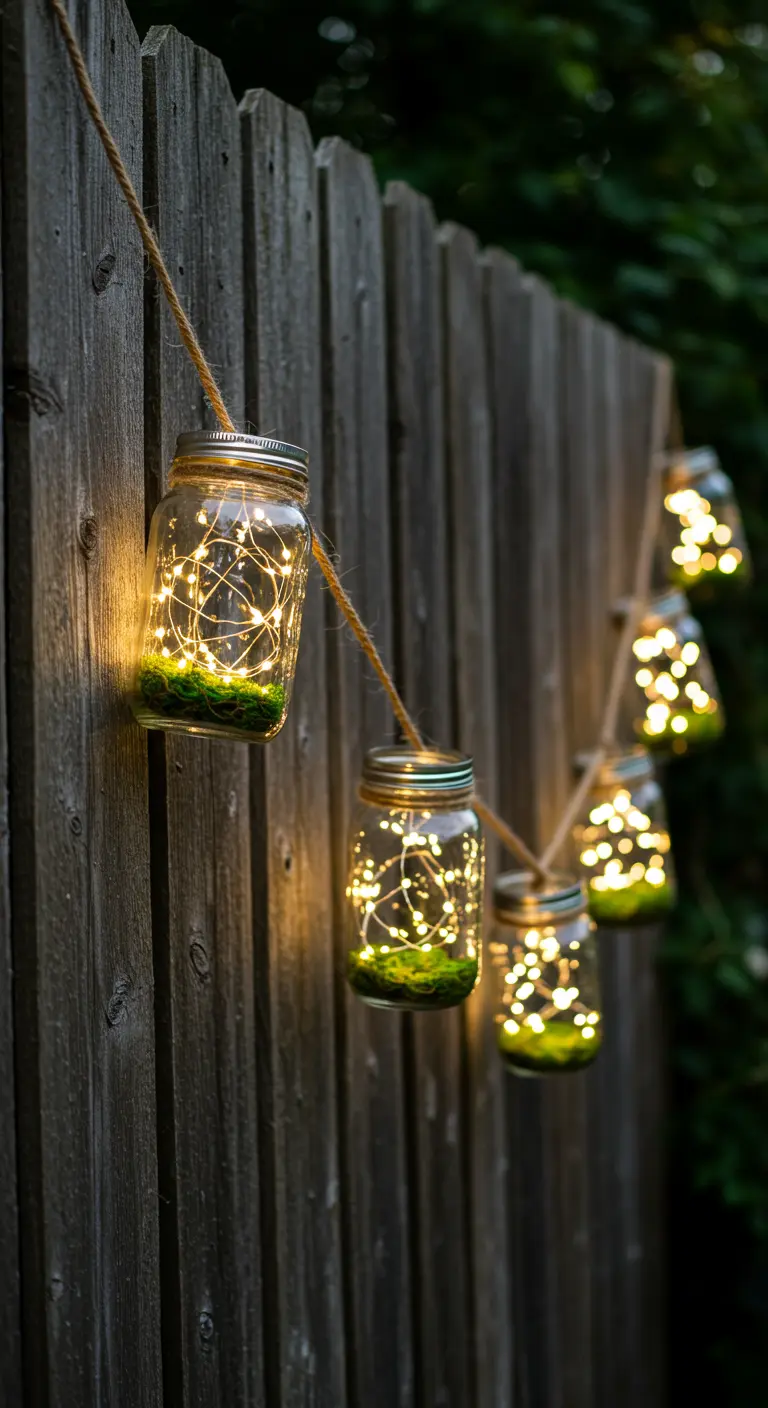 Mason jars with moss and fairy lights hanging on a wooden fence.