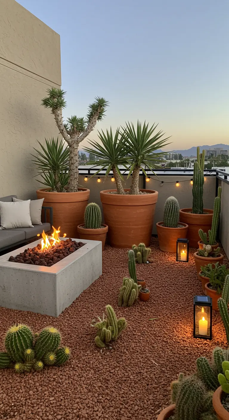 Rooftop patio with a concrete fire pit, large potted yuccas, and string lights.